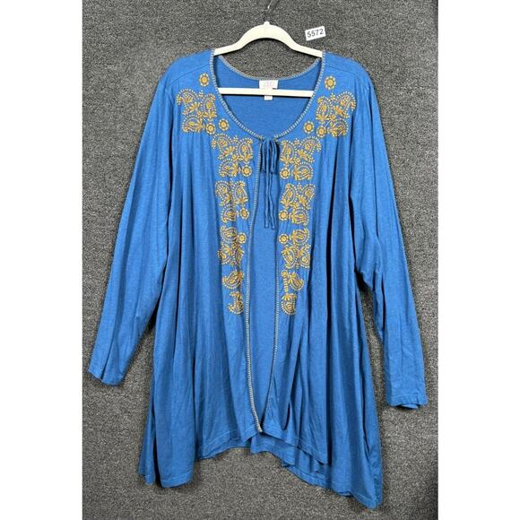 Logo Lori Goldstein Womens Blue Brown Embroidered Front Tie Cardigan Sweater 3X - Picture 1 of 8